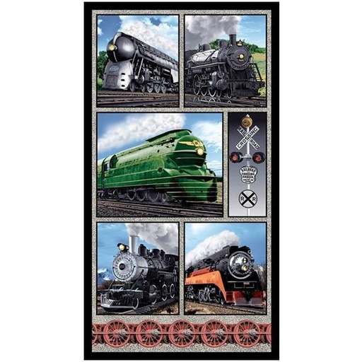 [BLAN-3083P-70] On The Right Track Light Blue Train Panel By Larry Grossman For Blank Quilting 