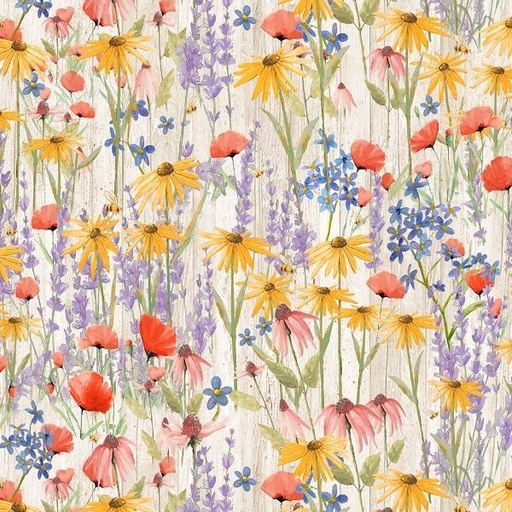 [COW-4059-11] Enjoy The Little Things Light Khaki Wildflowers by Dan DiPaolo for Clothworks