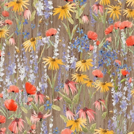 [COW-4059-13] Enjoy The Little Things Dark Khaki Wildflowers by Dan DiPaolo for Clothworks