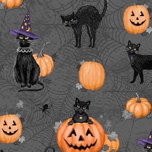 [WP-96474-998] Meow-Gical Night Cats & Pumpkins All Over Black By Michael Davis For Wilmington Prints