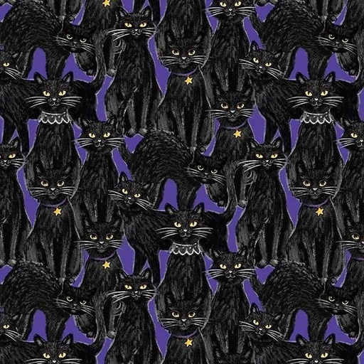 [WP-96475-695] Meow-Gical Nights Packed Cats Purple By Michael Davis For Wilmington Prints