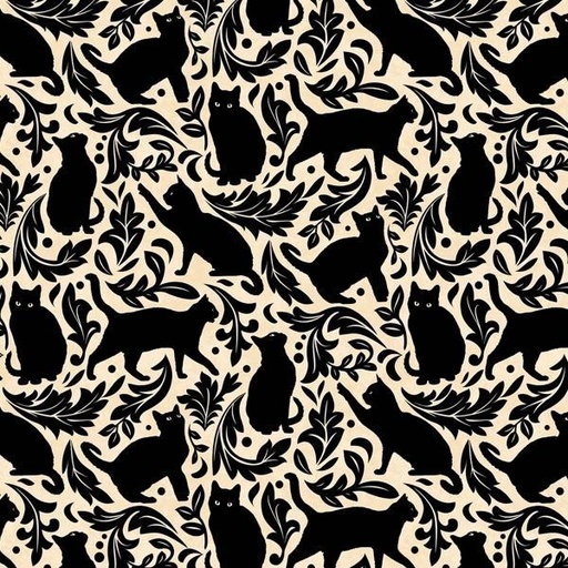 [NOR-27088-12] Hallow'S Eve Black Cat Damask Cream By Cerrito Creek Studio For Northcott Fabrics