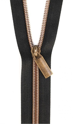 [STO-ZBY5-C14] Black Nylon Coil Zipper with Antique Brass Pulls, Size 5, from Sallie Tomato