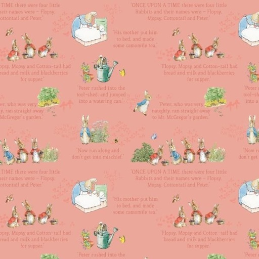 [RB-14701-CORAL] The Tale Of Peter Rabbit Text Coral By Beatrix Potter For Riley Blake Designs 