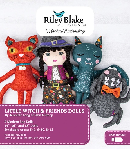 [RB-ME177L-W24R2] Little Witch & Friends Rag Dolls Machine Embroidery Pattern from Riley Blake