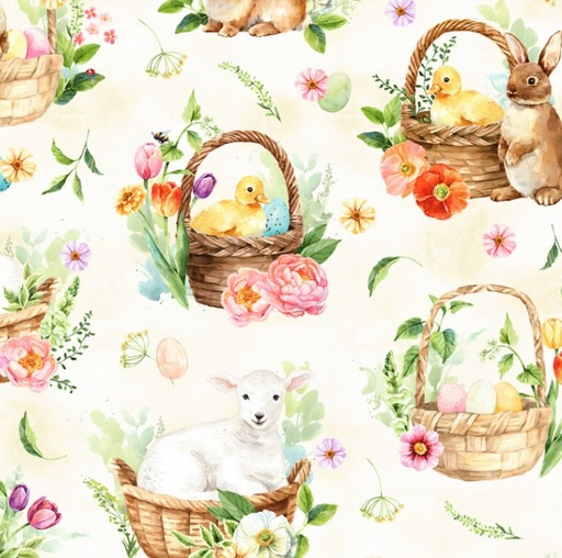 [HOF-5426-156] Easter Wonder Animals In Baskets Vanilla from Hoffman Fabrics