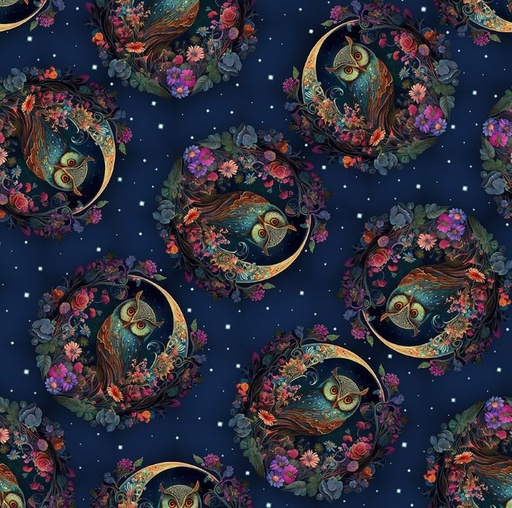 [BLAN-3549-79] Night Garden Blue Owls Dark Blue by JK Stewart for Blank Quilting