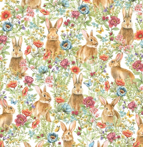 [PB-5659-MU] Bunnies & Blooms Bunnies and Flowers White by Leslie Trimbach for P&B Textiles