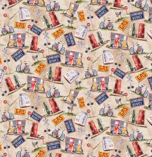 [PB-5678-NE] Hometown Tossed Icons Tan by Luke Buck for P&B Textiles