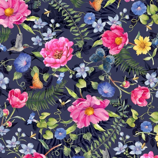 [PB-5642-N] Indigo Song Flower Garden Navy by Lynam Clough for P&B Textiles