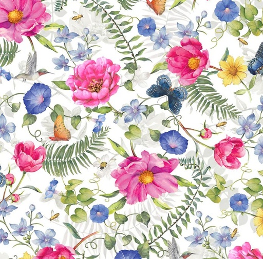 [PB-5642-W] Indigo Song Flower Garden White by Lynam Clough for P&B Textiles