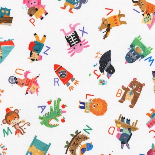 [KAF-22904-1] Fun-2-3 Tossed Animals White by Louise Anglicas for Robert Kaufman Fabrics