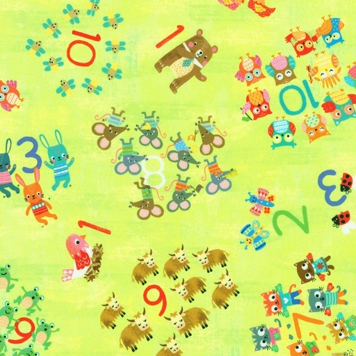 [KAF-22905-50] Fun-2-3 Tossed Numbers and Animals Lime by Louise Anglicas for Robert Kaufman Fabrics