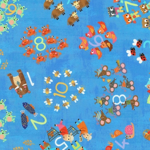 [KAF-22905-4] Fun-2-3 Tossed Numbers and Animals Blue by Louise Anglicas for Robert Kaufman Fabrics