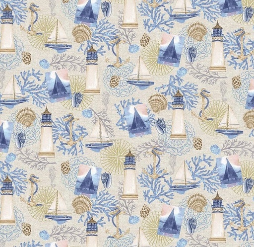 [HG-1363-41] Cobalt Seas Coastal Collage Beige by Andrea Tachiera for Henry Glass
