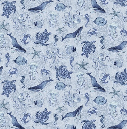 [BLAN-1367-11] Cobalt Seas Sea Life Light Blue by Andrea Tachiera for Henry Glass