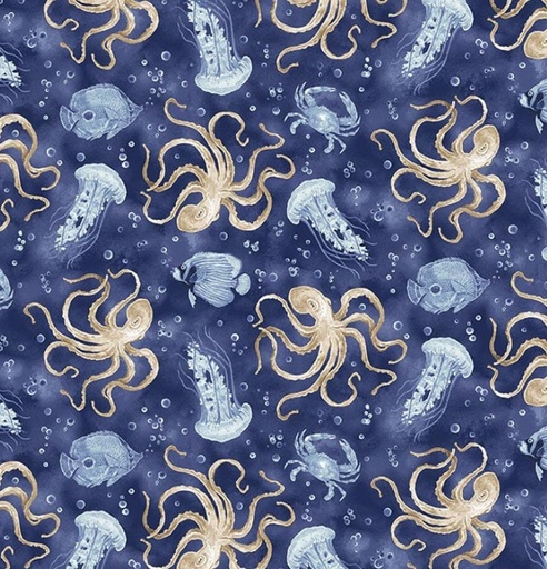[BLAN-1369-77] Cobalt Seas Ocean Life Toss Navy by Andrea Tachiera for Henry Glass