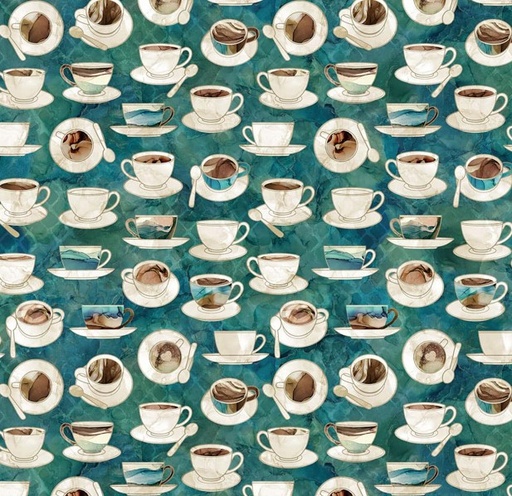 [NOR-27698-68] Barista Cups and Saucers Dark Teal by Deborah Edwards & Melanie Samra for Northcott Fabrics