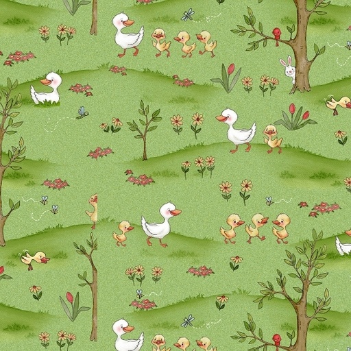 [HG-864-66] River Romp Ducks in the Meadow Green by Sharon Kuplack for Henry Glass