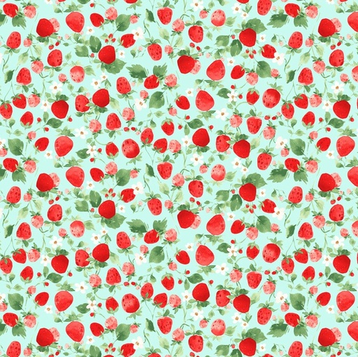 [COW-4357-32] Berry Sweet Viney Strawberries Light Aqua by Heatherlee Chan for Clothworks