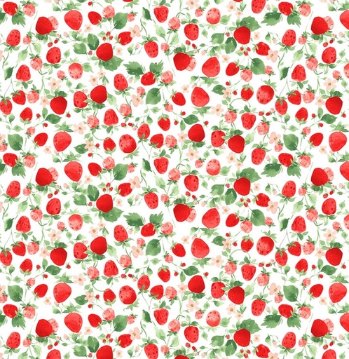 [COW-4357-1] Berry Sweet Viney Strawberries White by Heatherlee Chan for Clothworks