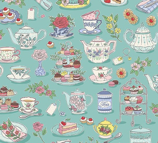 [AND-091-T] Afternoon Tea Tea Time Teal by Makower Uk for Andover Fabrics
