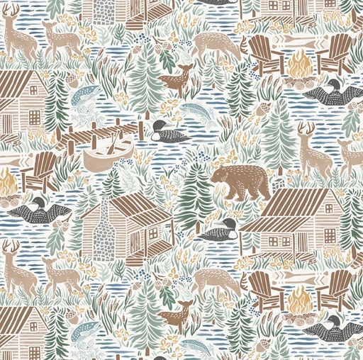 [PB-5732-E] Lakeside Days Scenic Allover White by Laura Marshall for P&B Textiles