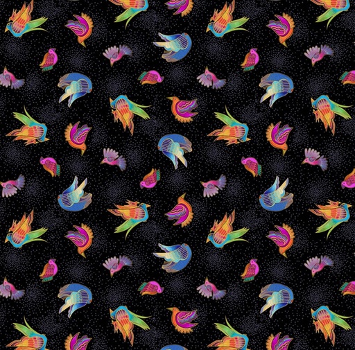 [COW-4346-3] Fantasticats Digital Birds Black by Laurel Burch for Clothworks