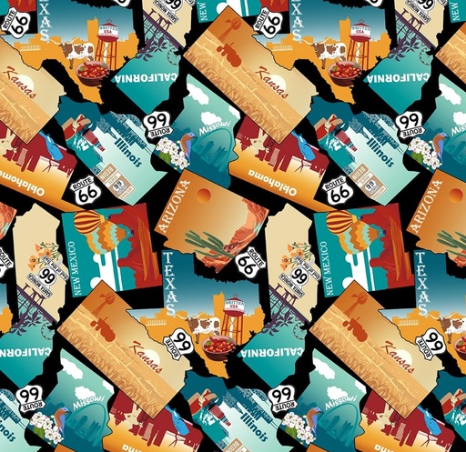 [BLAN-3759-99] Cruisin' The Open Road Route 66 States Collage Black by Urban Essence Designs for Blank Quilting