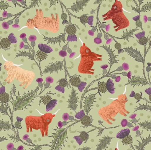 [LAI-A873-B] Highland Cow and Thistle Soft Green from Lewis & Irene