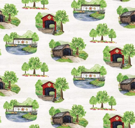 [RB-15820-WHT] Covered Bridges in Spring Main White by Tara Reed for Riley Blake Designs