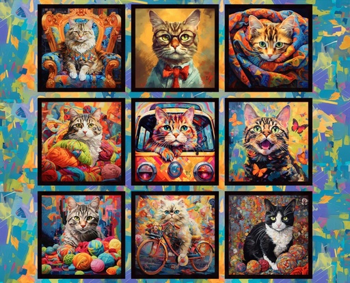 [3W-22969-PNL] Purrfectly Playful Kitty Panel by Ivan Guaderrama for 3 Wishes Fabrics