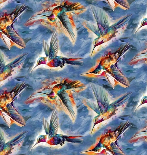 [3W-22960-BLU] Hummingbird Bouquet Fanciful Flyers Blue by Shawna Stewart for 3 Wishes Fabrics