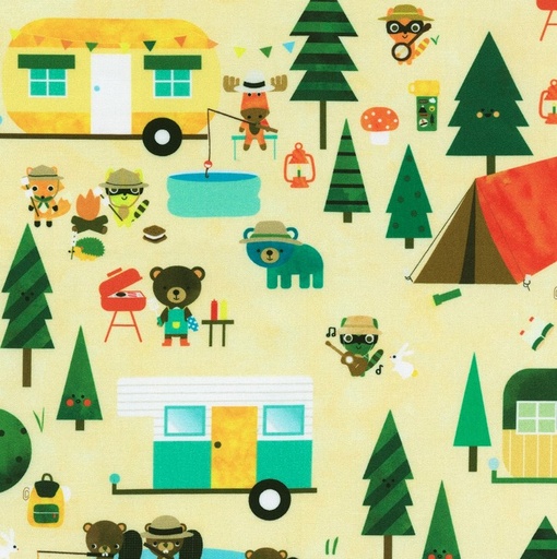 [KAF-22779-14] Campground Critters Campers Natural by Ann Kelle for Robert Kaufman Fabrics