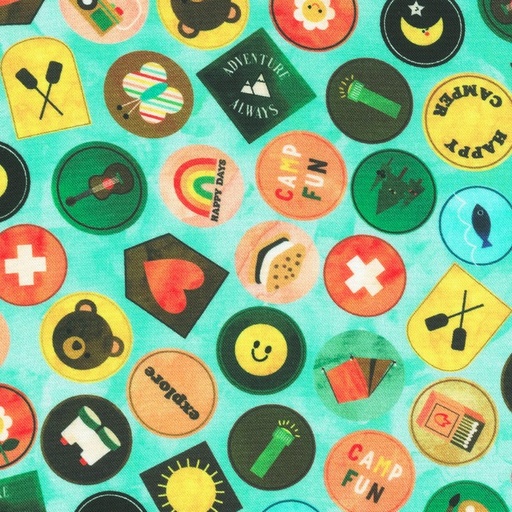 [KAF-22781-70] Campground Critters Camping Badges Aqua by Ann Kelle for Robert Kaufman Fabrics