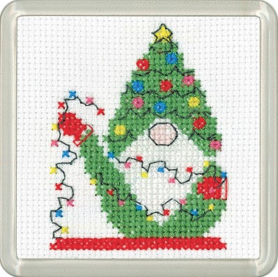 [WIC-HCK-1865] Christmas Coasters Gnome Christmas Lights Coaster Cross Stitch Kit by Kristen Roche