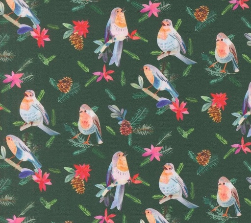 [MOD-21835-16] Love and Cheer Robins with Pinecones Evergreen by Amarilys Henderson for Moda Fabrics