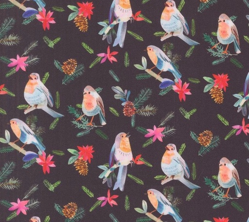 [MOD-21835-18] Love and Cheer Robins with Pinecones Coal by Amarilys Henderson for Moda Fabrics