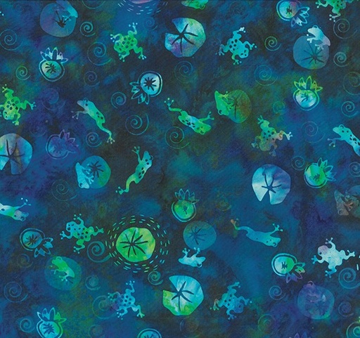[HOF-SC4-230] Frog Pond Jelly Batik Frog and Lily Pad Sapphire by Susan Claire for Hoffman Fabrics