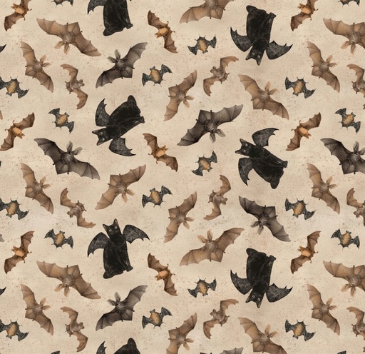 [COW-4441-12] Gothic Halloween Bats & Cats Khaki by Dan DiPaolo for Clothworks
