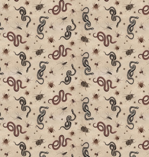 [COW-4443-12] Gothic Halloween Snakes & Bugs Khaki by Dan DiPaolo for Clothworks