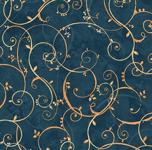[PB-5883-N] Bountiful Golden Scroll Navy by Sandy Clough for P&B Textiles