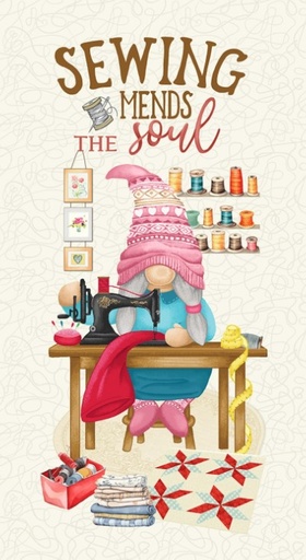 [TTR-3552-CRM] Sewing Mends the Soul Sewing Gnomes Cream Panel from Timeless Treasure