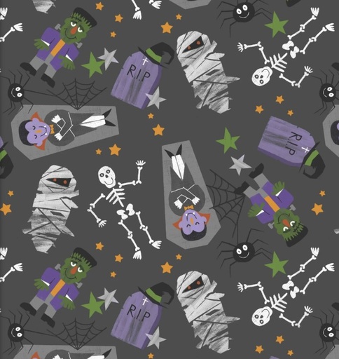 [3W-23695-CHR] Monster Squad Monster Mash Charcoal by Scott Barnes for 3 Wishes Fabrics