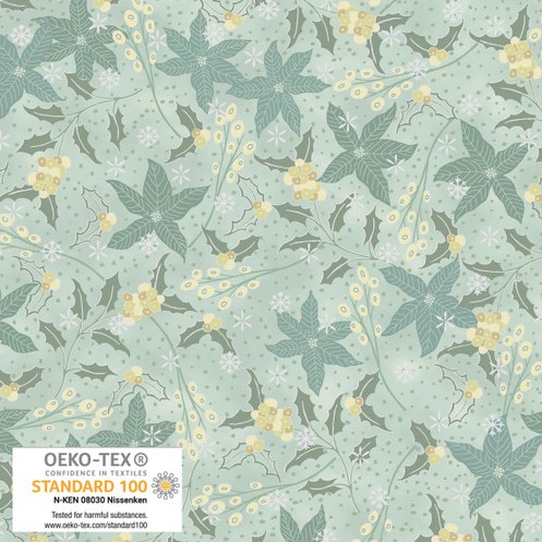 [BLAN-4592-822] We Love Christmas Poinsettias and Hollies with Metallic Dusty Green by Stof Fabrics for Blank Quilting