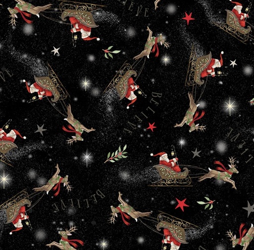 [PB-5816-K] Believe Santa's Sleigh All Over Black by Sarah Summers for P&B Textiles