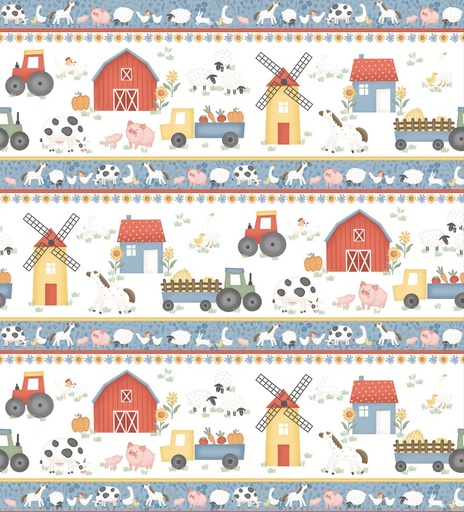 [NOR-27817-10] Quack Quack Moo Border Stripe White by Emily Wenk for Northcott Fabrics