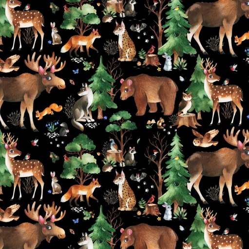 [ES-724-BLK] Who Lives in the Woods Woodland Animals Black from Elizabeth Studios