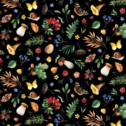 [ES-725-BLK] Who Lives in the Woods Tossed Foliage Black from Elizabeth Studios