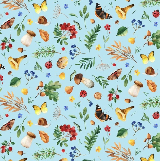 [ES-725-BLUE] Who Lives in the Woods Tossed Foliage Blue from Elizabeth Studios